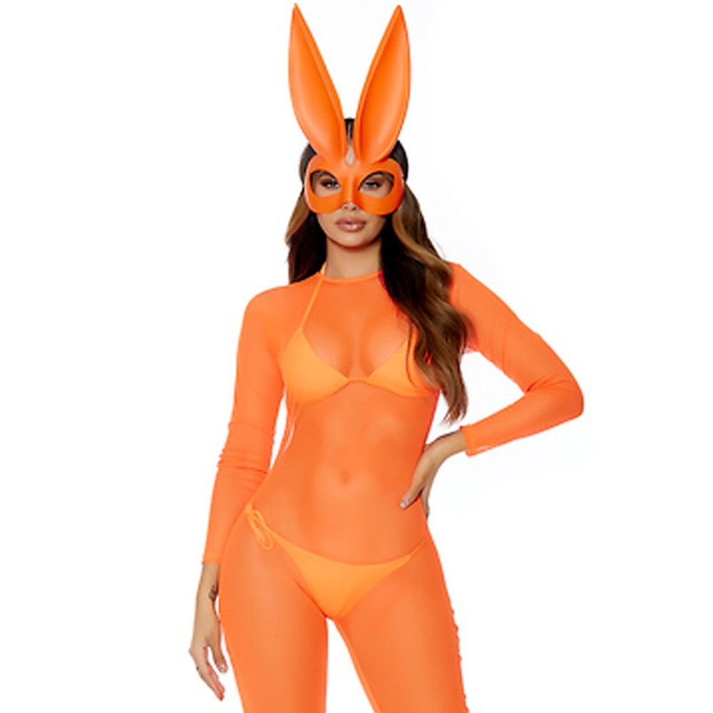 Sexy Bunny Costume Sheer Catsuit Mask Rabbit Ears - Neon Orange